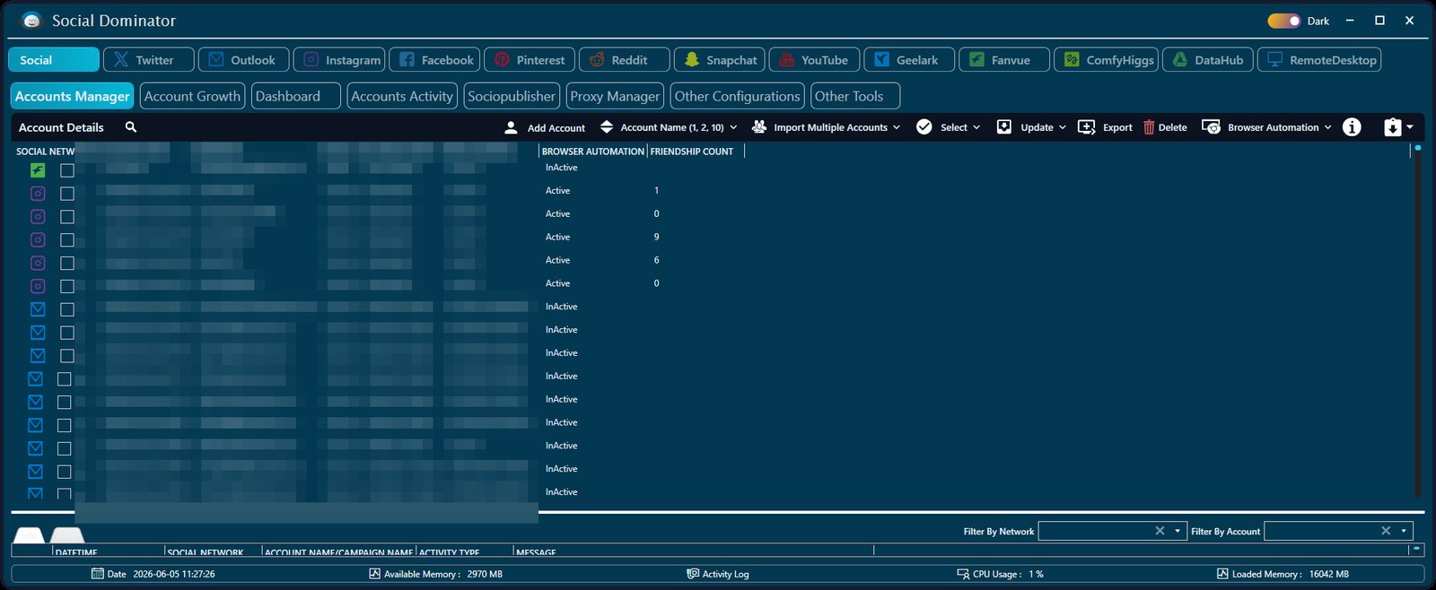 Social Onslaught dashboard — all platforms in one place