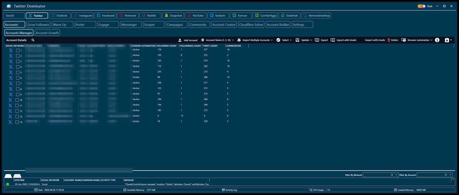 Twitter module — fleet of accounts posting automatically